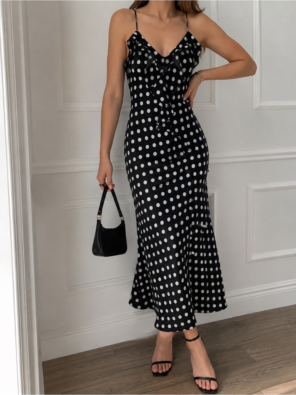 Karl Lagerfeld Paris Polka Dot Ruffle Midi Dress Size 12 Black and White